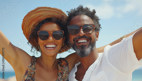 Viajes y aventuras.
Hermosa pareja de mediana edad sonriendo en un día de verano en la playa. photo