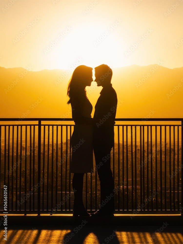 Fototapeta premium A couple sharing a romantic moment silhouetted against a sunset.