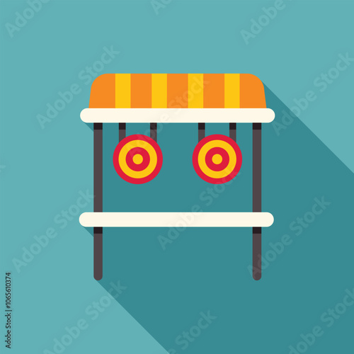 Colorful shooting gallery stand with two targets and orange striped awning is waiting for players in amusement park or funfair
