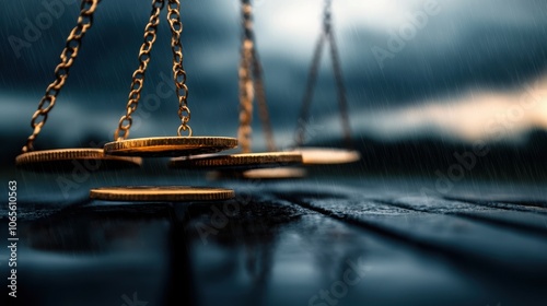 Scales of Justice Reflected in Moody Wooden Court Setting with Gavel and Dark Dramatic Lighting Creating a Sense of Authority and Legal Proceedings photo