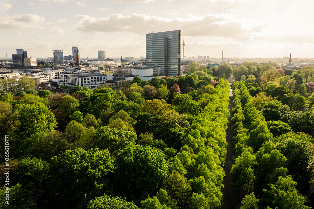 Fototapeta premium Luftaufnahme Hofgarten und Dreischeibenhaus in Düsseldorf, Deutschland
