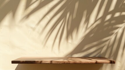 Wooden table top on beige wall with leaf shadow background