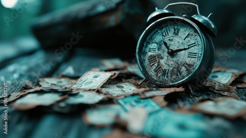 Vintage antique metal alarm clock resting among fallen decaying autumn leaves on a rustic wooden surface  The weathered timepiece represents the passage of time and the changing of seasons