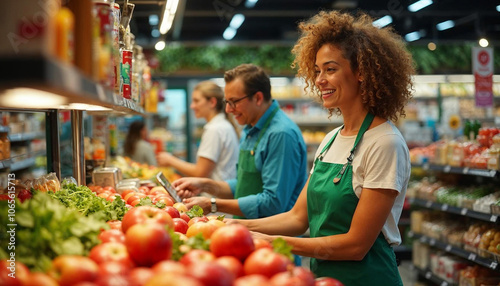 A cashier with curly hair in a vibrant apron operates the checkout in a bustling supermarket, embodying friendly service. photo