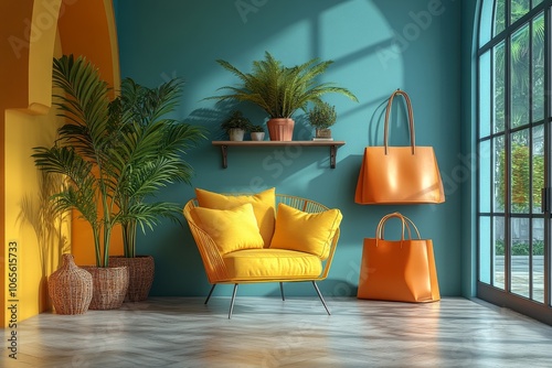 Modern Living Room with Yellow Armchair and Tropical Plants