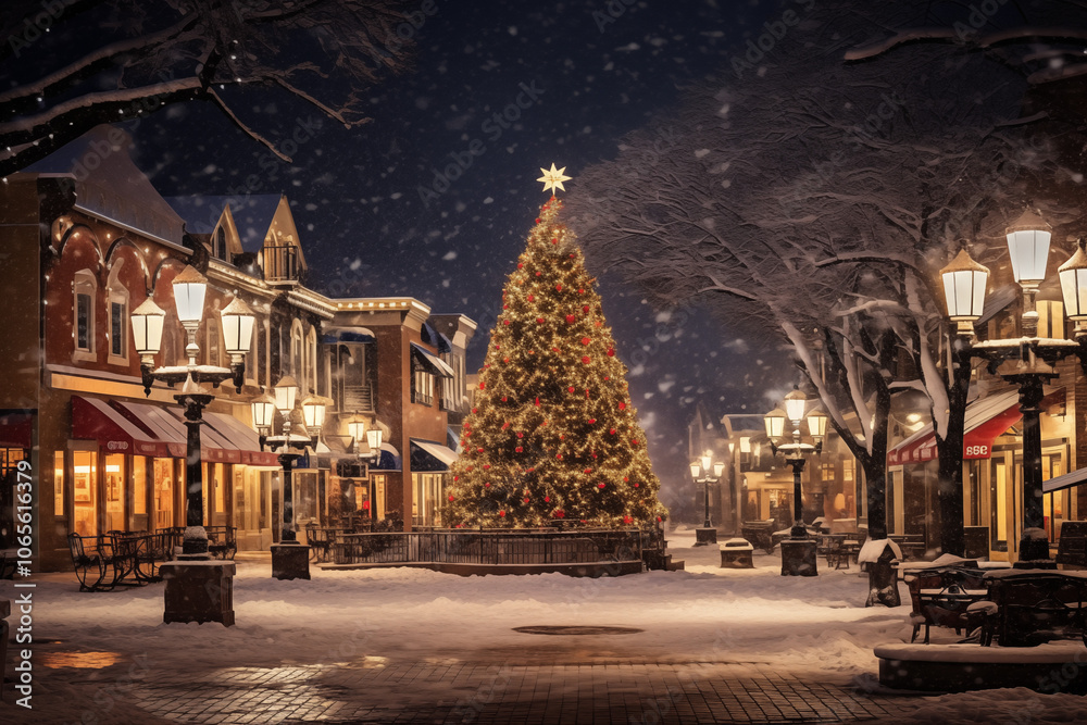 Fototapeta premium A beautiful winter night scene featuring a decorated Christmas tree surrounded by snow-covered streets and glowing street lamps, creating a magical holiday atmosphere