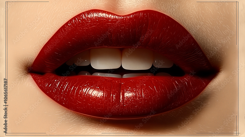 Obraz premium Glossy Red Lips Close-Up with Detailed Texture – Bold and Expressive Lip Makeup
