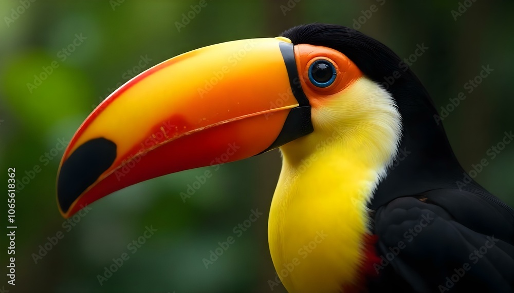 Fototapeta premium colorful toucan with a large orange beak black and white feathers against blurred green background