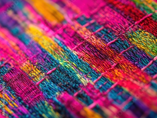 A vibrant close-up of colorful woven textile showcasing intricate patterns and craftsmanship.