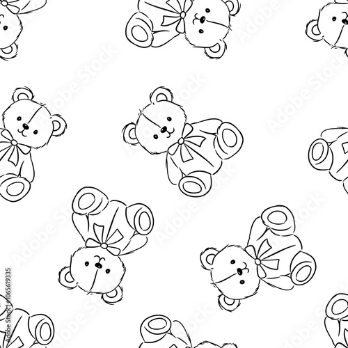 Cute teddy bear black silhouette seamless pattern on a white background ideal for children decor and fabric designs