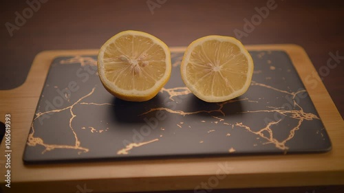 Elegant Cutting Board with MarblePatterned Surface and Wooden Base enhances kitchen decor photo