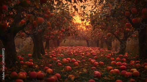 An enchanting twilight scene of an orchard filled with ripe apples, surrounded by trees dressed in autumn leaves. photo