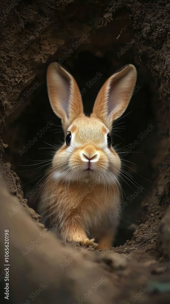 Obraz premium Rabbit Emerging from Burrow in Dynamic Close-Up Shot