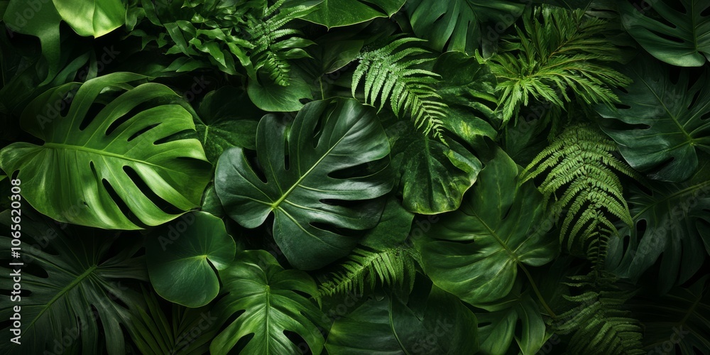 Fototapeta premium A dense arrangement of lush green tropical leaves showcasing vibrant textures and rich greenery