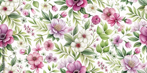 Watercolor Floral Seamless Pattern Delicate Pink and White Flowers with Lush Green Foliage on White Background