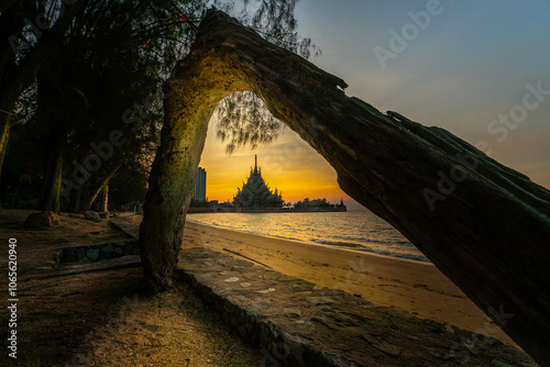 orange sun and wooden castle