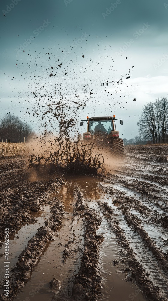 Fototapeta premium Tractor Plowing Through Mud with Dynamic Splash
