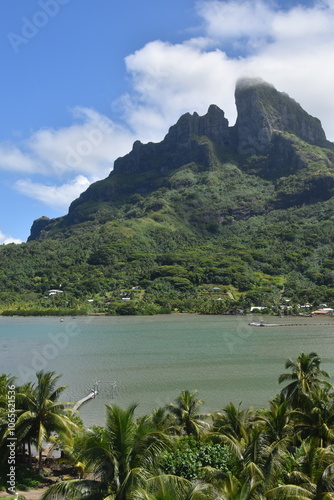 The lush green mountains and paradise coastal landscapes of Bora Bora, French Polynesia