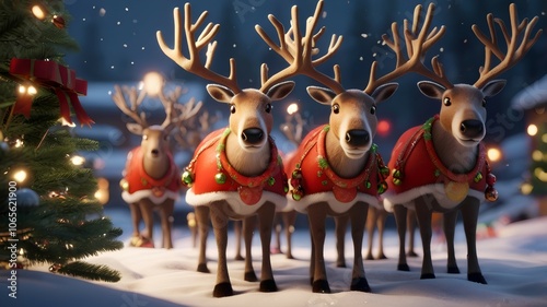 Reindeer in Christmas clothes are waiting for the sleigh.