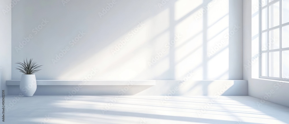 Obraz premium A minimalist interior space with natural light and a single plant in a vase.