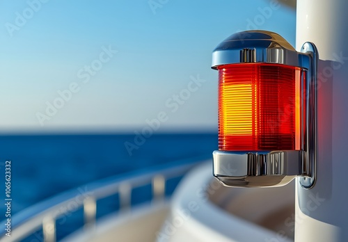 Close-up of a red, amber, and yellow LED beacon light on a white yacht, with a bright blue sky and sea in the background.  photo