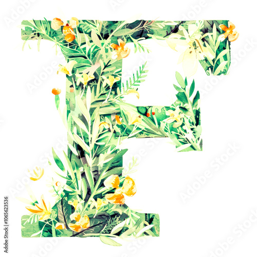 Watercolor Alphabet Letter F with Leaves and Flowers. Birthday, Vintage Wedding Poster Font.  Summer Ornament. Exotic Floral ABC Card. Initial Monogram F Painted in Watercolour Isolated on White. photo