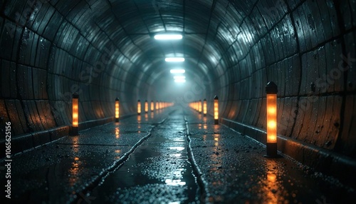 Dimly Lit Underground Tunnel with Reflective Markers photo