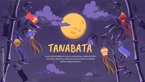 Happy tanabata poster. Traditional japanese holiday and festival 10 august. Star festival in Japan. Oriental traditions and culture. Landing webpage design. Flat vector illustration