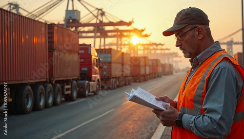 Customs officials inspect paperwork at a busy port, illustrating shipping delays from bureaucracy. photo