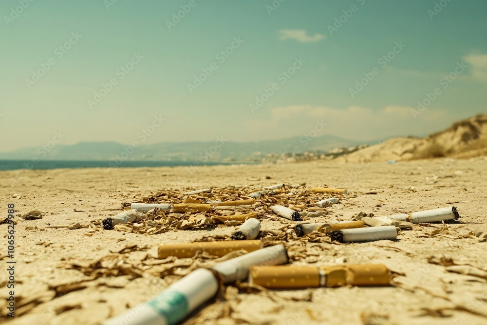 Cigarette Butts Litter a Sandy Beach: A Stark Reminder of Environmental Pollution Cigarette Butts Litter a Sandy Beach: A Stark Reminder of Environmental Pollution