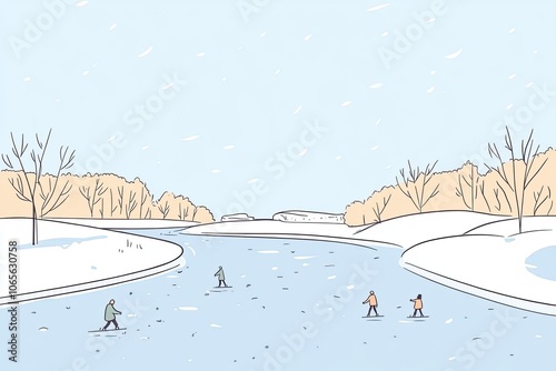 A serene illustration of a frozen winding river through a snowy landscape, featuring individuals skating and enjoying a tranquil winter day under a clear blue sky. photo