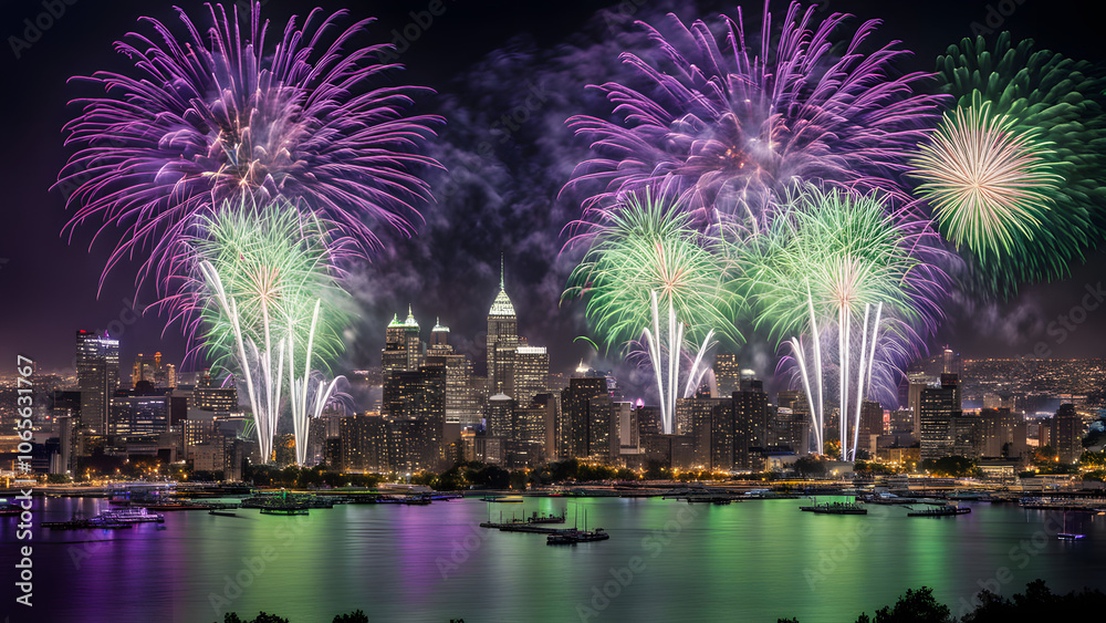 Obraz premium A grand fireworks show with vibrant green purple and silver sparks lighting up a city skyline, AI Generated