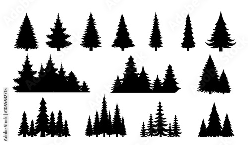 Vintage trees forest silhouettes set. Black pine trees. Natural landscape elements. Public parkland. Template and layout. Flat vector collection