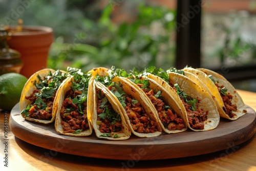 mexican food photography, birria tacos beautifully plated in a sunlit kitchen with vibrant spices and herbs, next to a window, with room for text photo