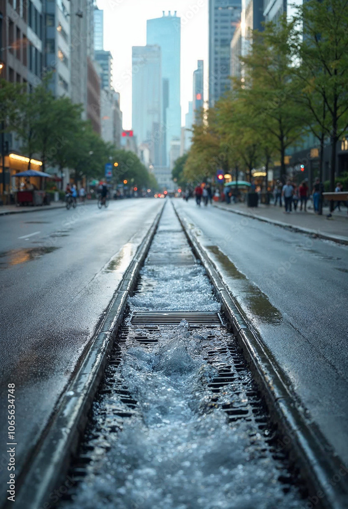 Fototapeta premium A modern urban drainage system efficiently manages rainwater in a bustling city street.