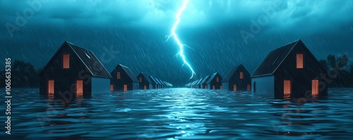 Flooded houses under a dramatic stormy sky with lightning. photo