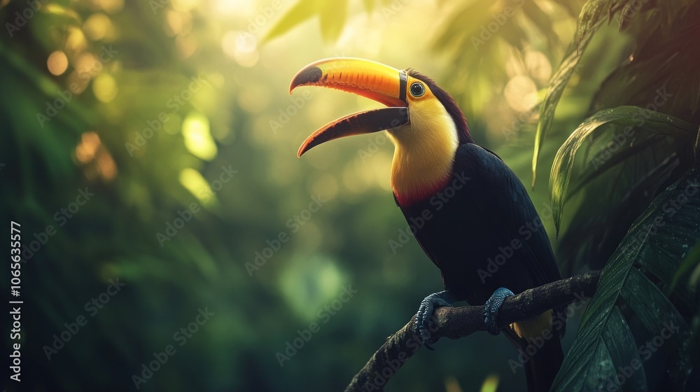 Naklejka premium A toucan with a large, colorful beak perched on a branch in a lush green rainforest.