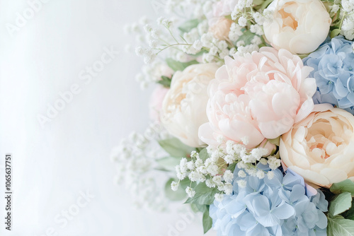 Delicate Spring Whispers: A Tender Arrangement of Peach Peonies, Blue Hydrangeas and Baby's Breath in Pure White Light