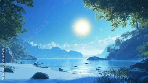 The sky is blue and clear with no clouds. sun is shining brightly, making  look even brighter. Scene is peaceful and serene