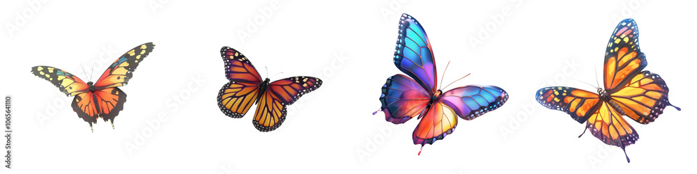 Obraz premium A vibrant display of colorful butterflies isolated on a white background, showcasing their unique patterns and beauty.