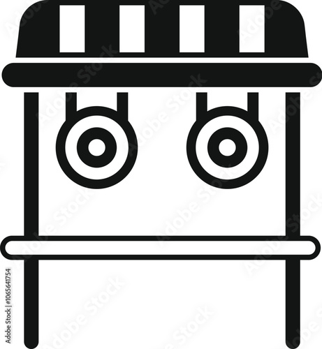 Simple black and white icon representing a shooting gallery with hanging targets, perfect for amusement park and entertainment concepts