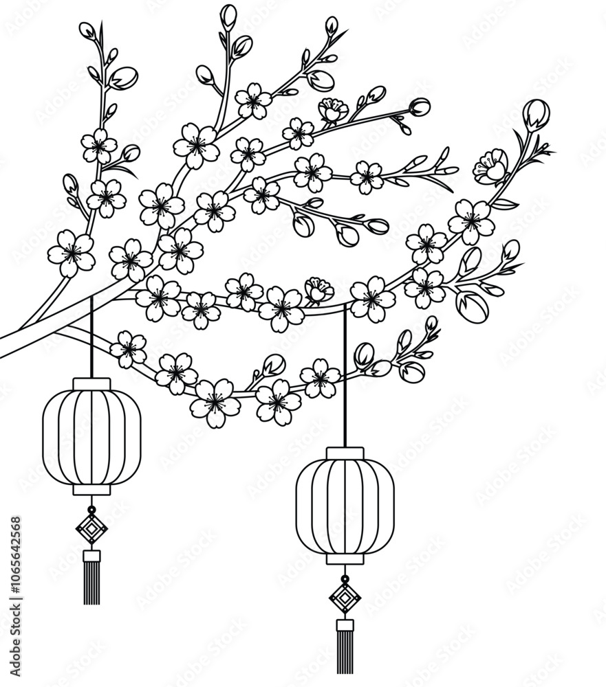 Peach Blossom Branch Decoration For New Year Holiday coloring page. China lunar new year illustration