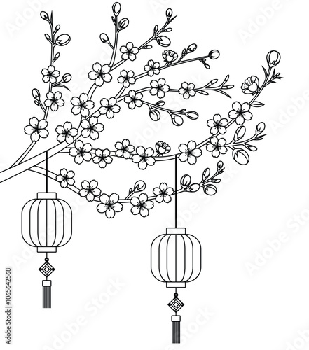 Obraz na płótnie Peach Blossom Branch Decoration For New Year Holiday coloring page. China lunar new year illustration w salonie