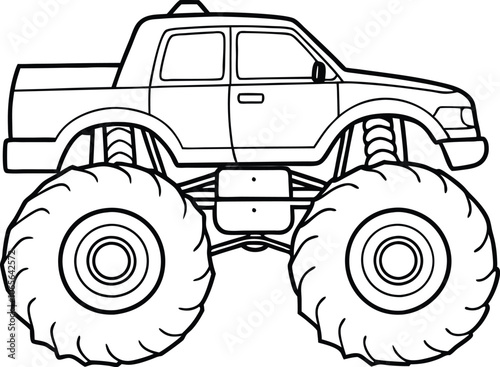 Monster truck, old monster car line art vector illustration