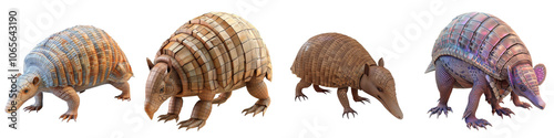 Four adorable armadillos in various colors, white isolate background. photo