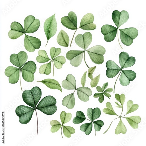 Various green clover leaves, white isolated background