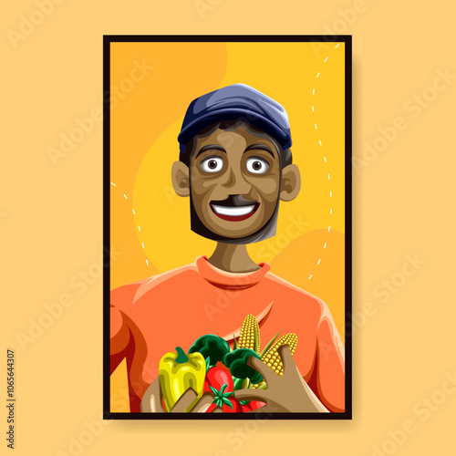 Illustration of smiling farmer man holding fresh vegetables in his hands on yellow background, design for advertising poster