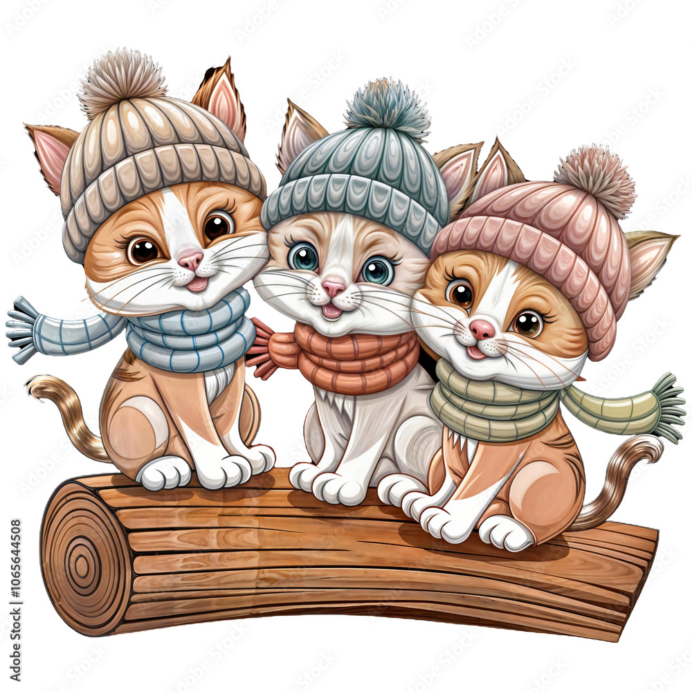 Obraz premium Three cute cats in winter clothes sitting on a log