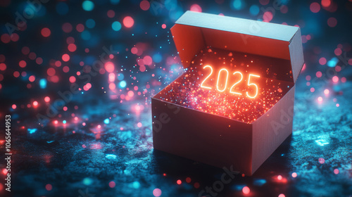 Glowing numbers from an open cardboard box on a colorful background with a place to copy. Celebrating the New Year, achieving business success, digital technologies.