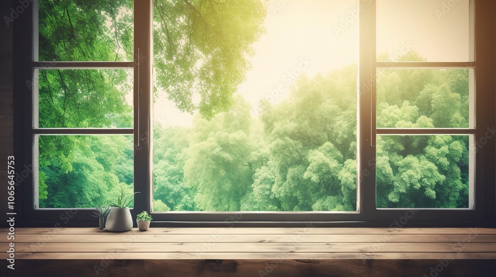 Fototapeta premium Peaceful Window View Over Green Forest Landscape